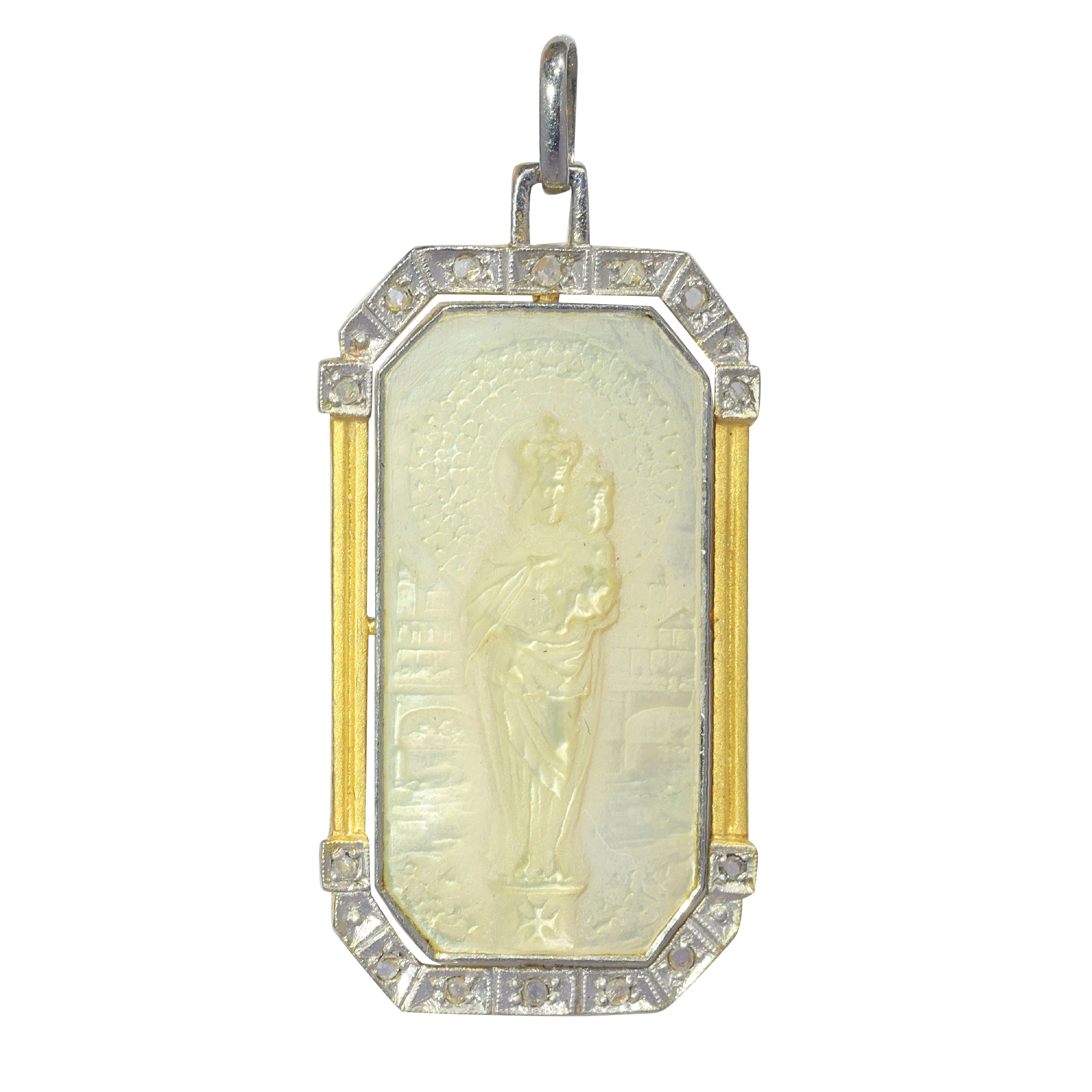 Vintage 1920's Art Deco diamond medal Virgin Mary and baby Jesus